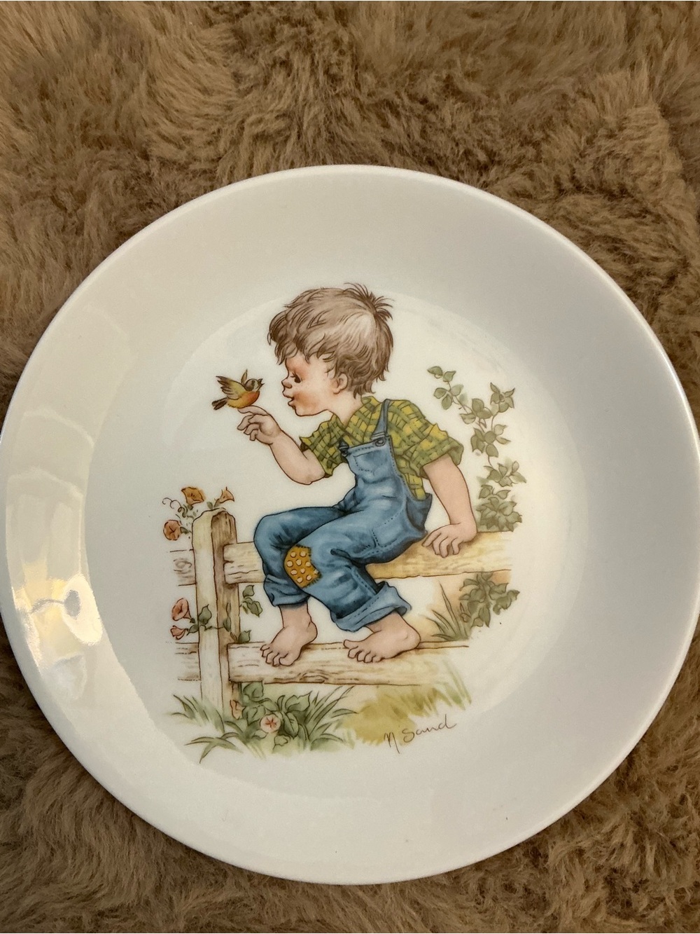 Vintage N Sand Amsterdam Porcelain Wall Plate Boy on Fence Bird Decor